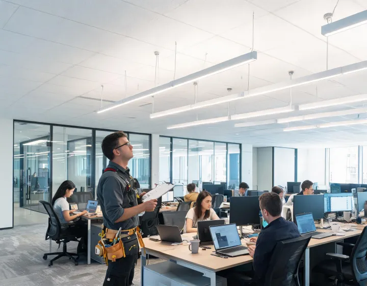 Commercial linear luminaires installed above a collaborative office